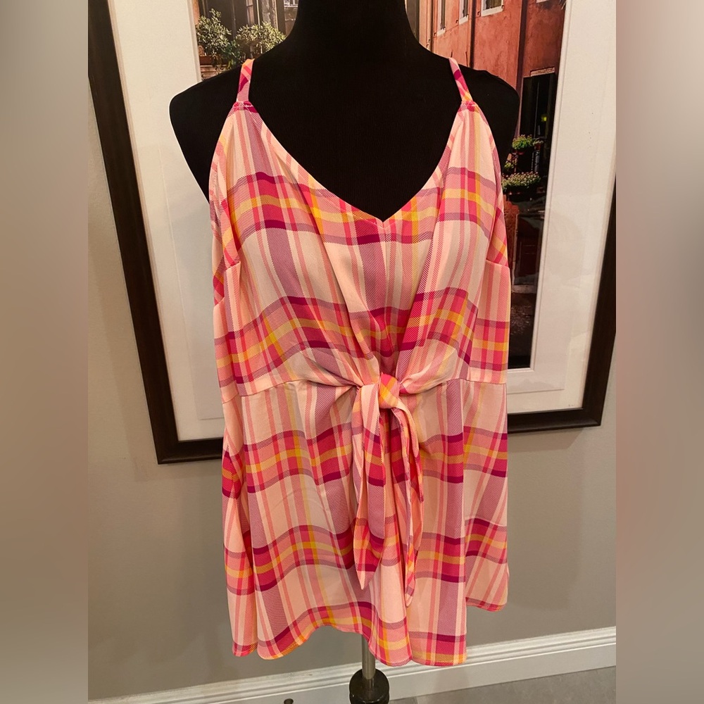 Torrid Pink and Yellow Plaid Top with Tie Front